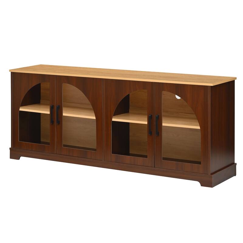 3-Piece TV Stand Set with Bookshelf for TVs Up to 70", Wood Grain Entertainment Center with Arched Design, Tempered Glass Doors
