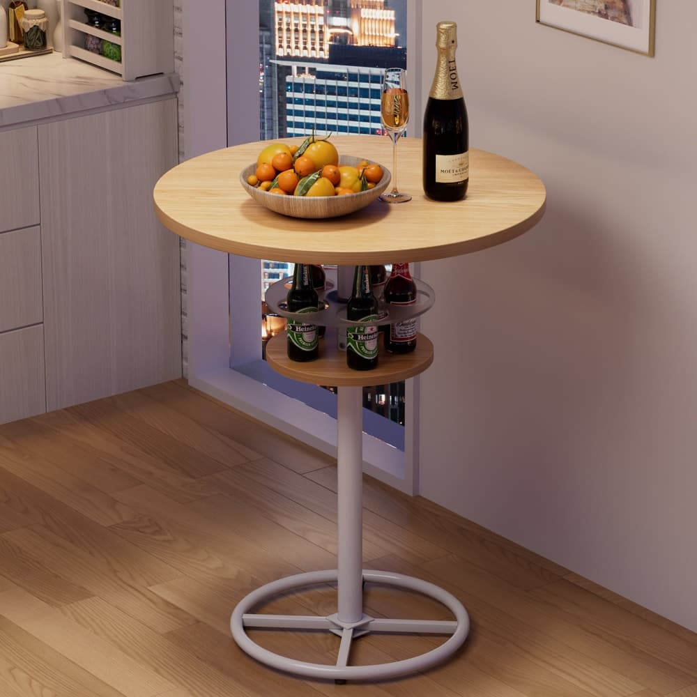 VECELO 23.6" Round Bar Table with Built-In Wine Rack 0.5 Inch MDF Top Waterproof Wear-Resistant for Home Game Nights