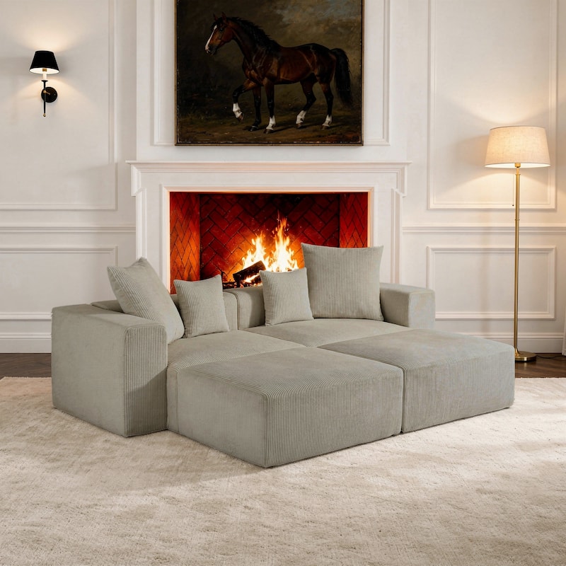 Corduroy Upholstered Modular Sectional Sofa with Ottoman