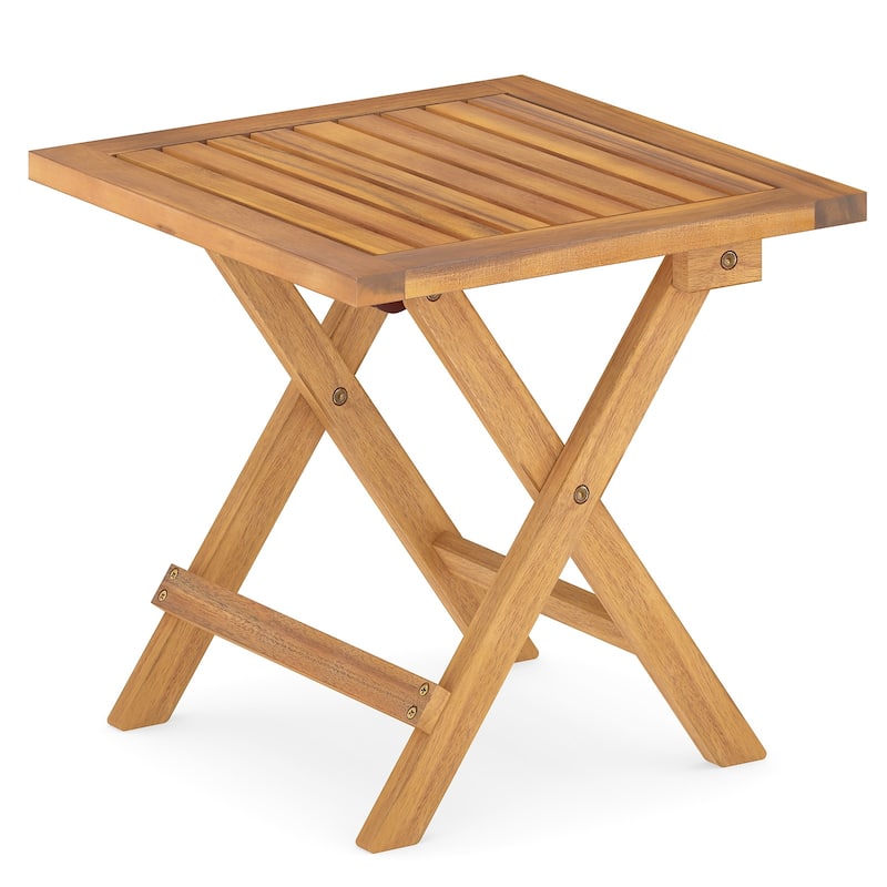 16” Portable Natural Acacia Wood Folding Side Table with Slatted Tabletop Ideal for Indoor or Outdoor - Single