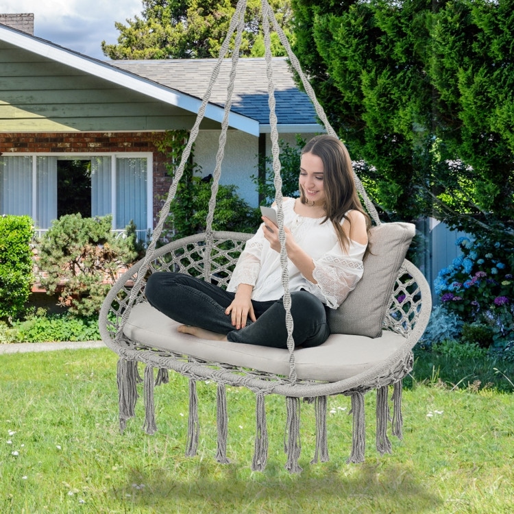 Outsunny Hammock Chair Hanging Rope Swing for Indoor & Outdoor Use with  Backrest, Cotton-Polyester Blend, Fringe Tassels, Light Grey Indoor&Outdoor  w/Backrest