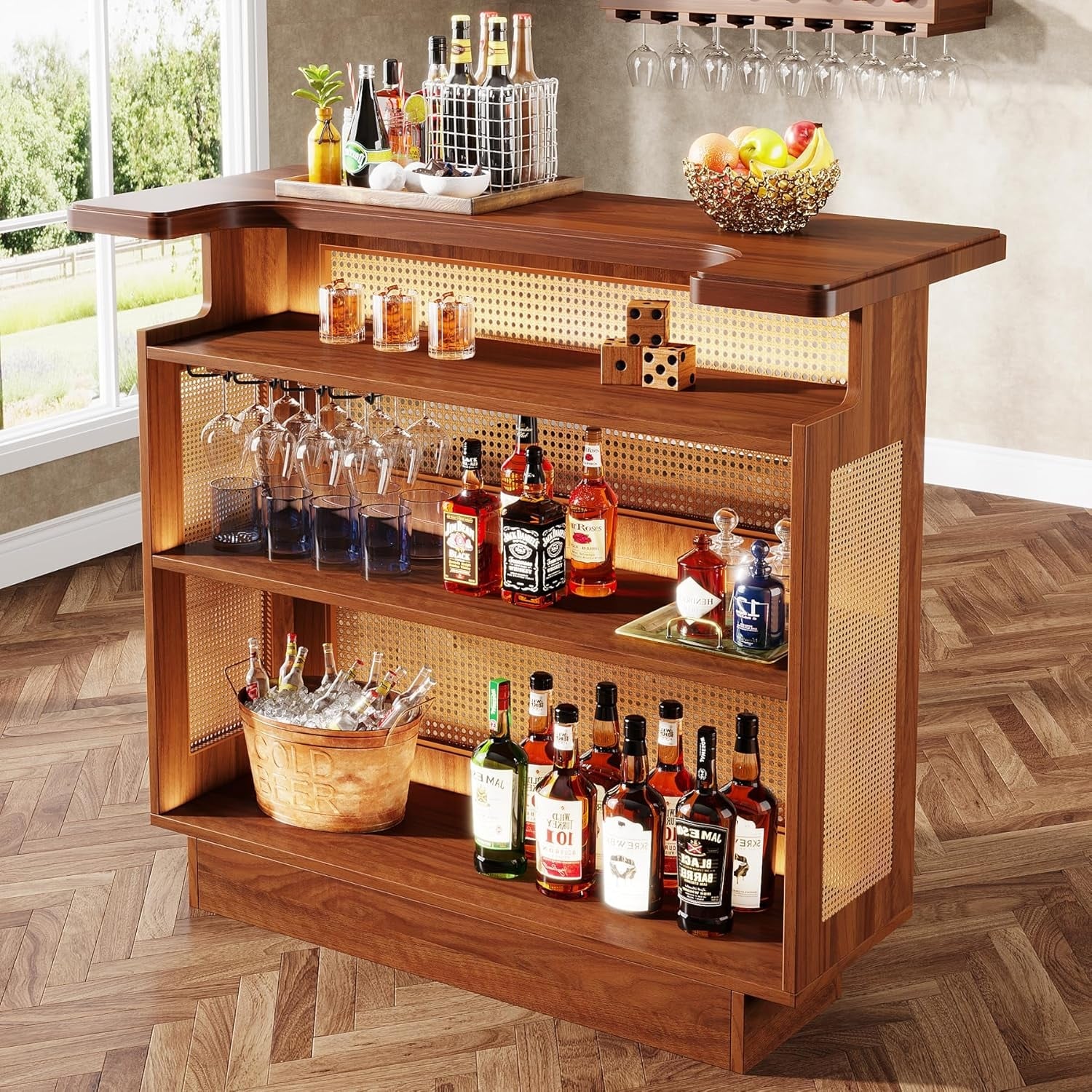 Home Bar Unit, 4-Tier Liquor Bar Table, Mini Bar with Wine Racks and Glass Holder, Farmhouse Bar Table