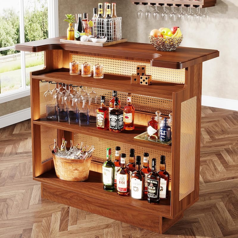 Rattan Home Bar Unit, 4-Tier Bar Table with 4 Stemware Racks and Heightened Base, Liquor Wine Bar Cabinet