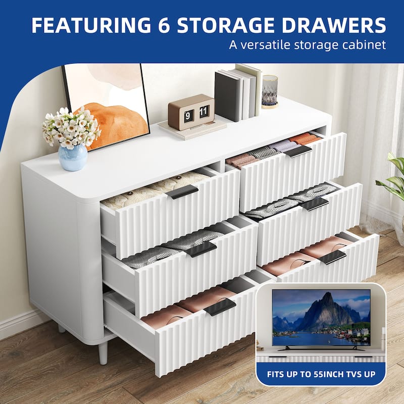 Moasis 6 Drawer Dresser Wood Storage Dresser Organizer with Waveform Fluted Panel