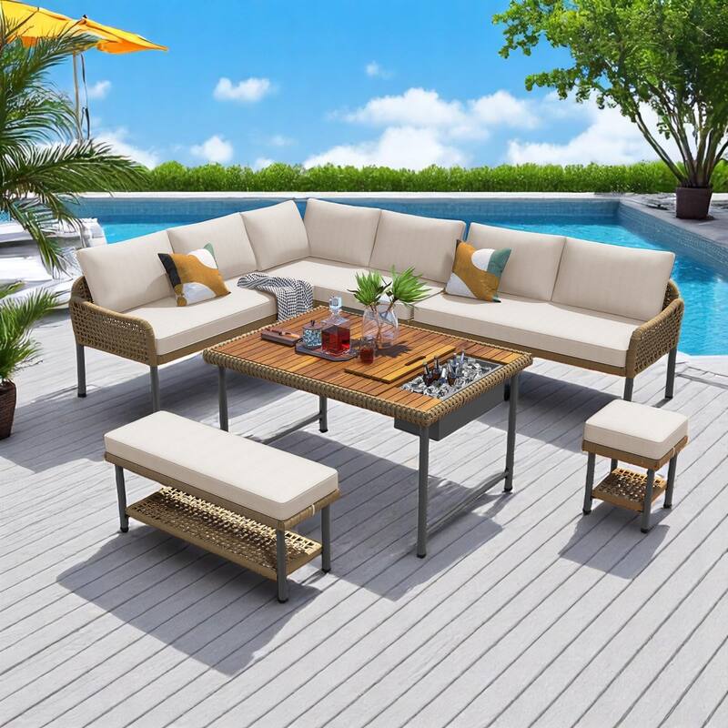 6-Piece Outdoor Modular Patio Furniture Set with Rope Weave Sofas,Table with Ice Box, Thick Cushions, Adjustable Feet - Beige+Brown