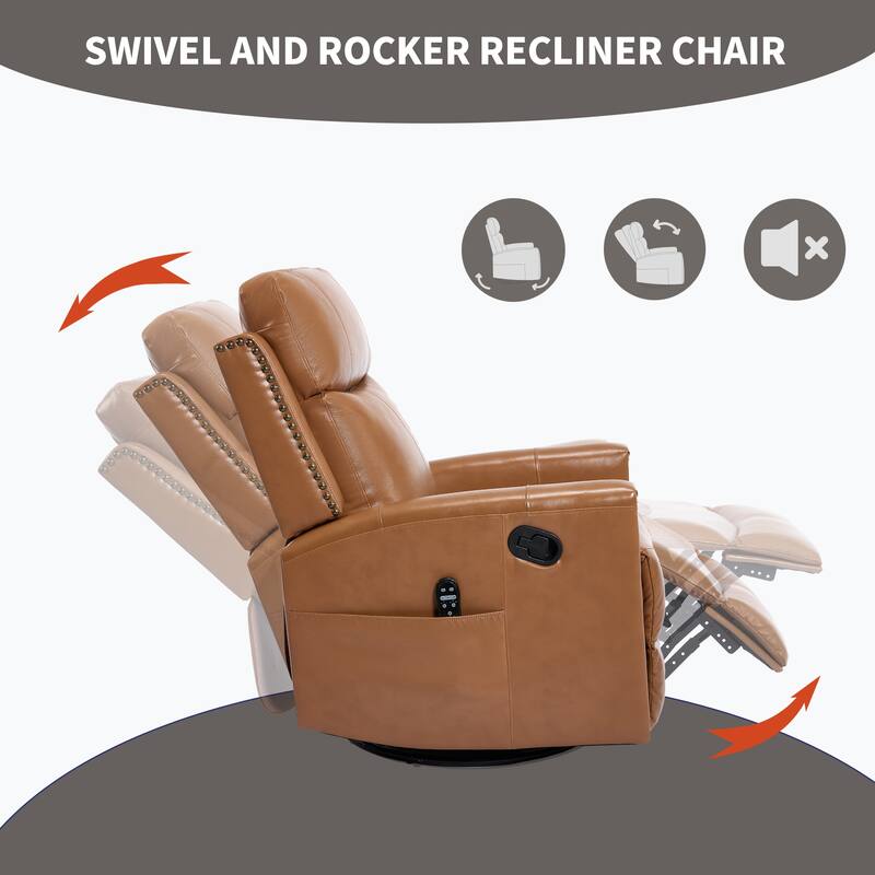 Genuine Leather Heat Massage Manual Recliner Chair with Rocker & Swivel
