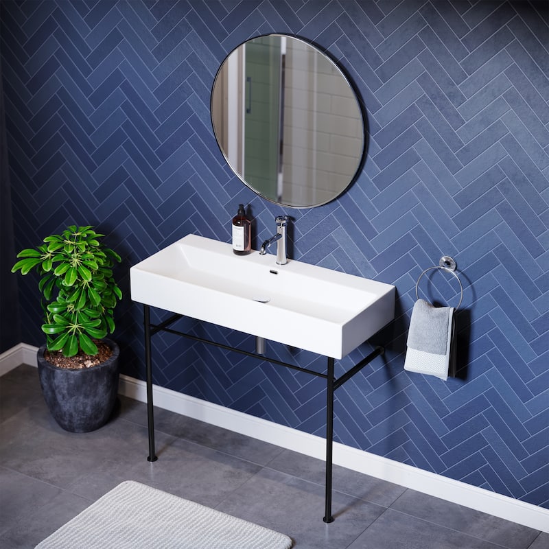 Carre Ceramic Console Sink White Basin Black Legs