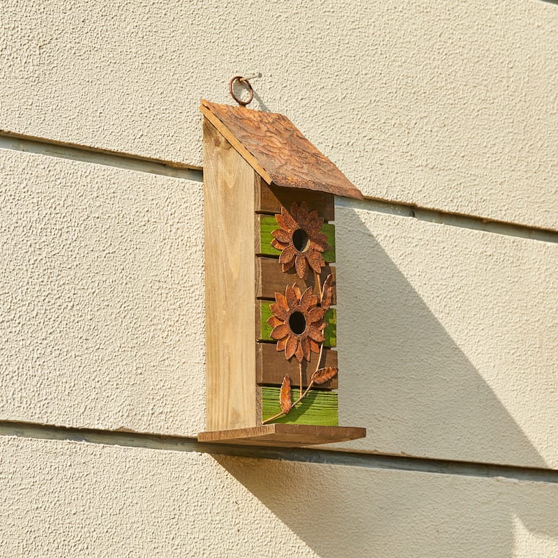 Glitzhome 14.5"H Two-Tiered Distressed Solid Wood Cottage Birdhouse with Flowers - 14.5"