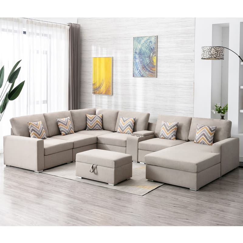 Linen Fabric 8 Piece Reversible Chaise Sectional Sofa with Storage Ottoman, and Storage Console Table