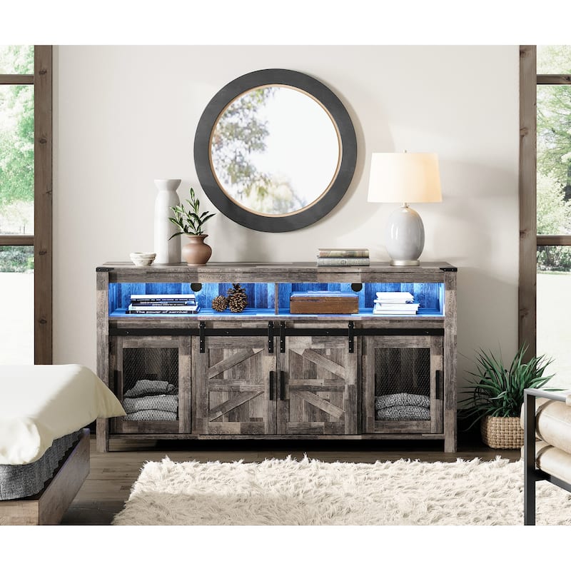 Highboy TV Console with LED Lights, Farmhouse & Industrial, 59 Inch