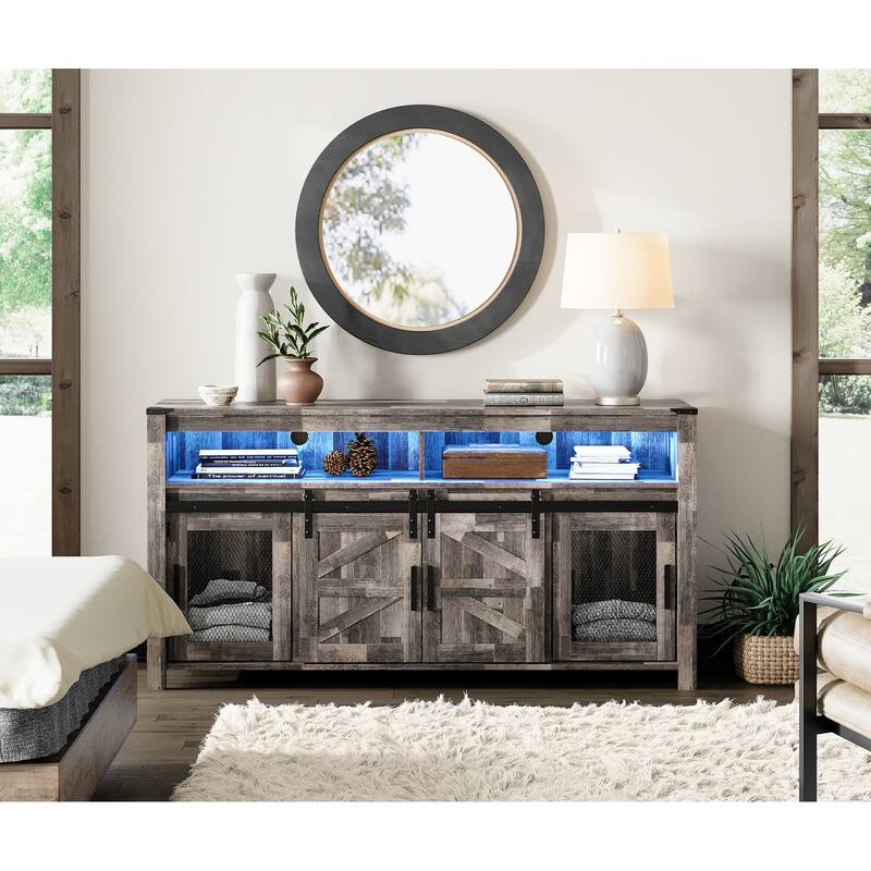 LED Farmhouse Entertainment Center with Mesh and Barn Doors, 31" H
