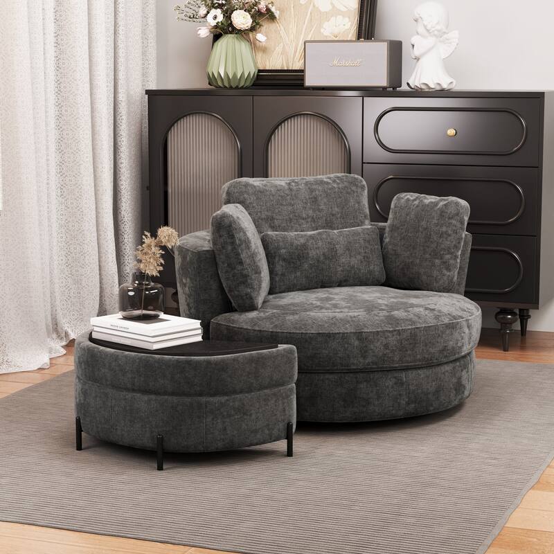 Modern Chenille 360° Swivel Accent Barrel Chair and Storage Ottoman