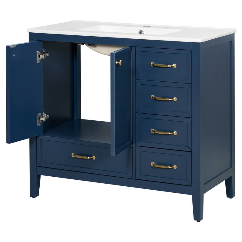 36" Bathroom Vanity with Sink, Bathroom Cabinet with Soft-Closing Door, 4 Drawers of Different Sizes, Solid Wood Frame and Leg