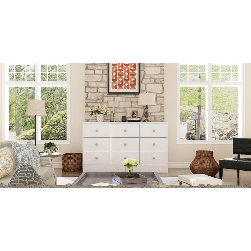 9-Drawer White Dresser with Gold Knobs Modern Storage Solution 9-Drawer White Dresser with Gold Knobs Modern Storage Solution