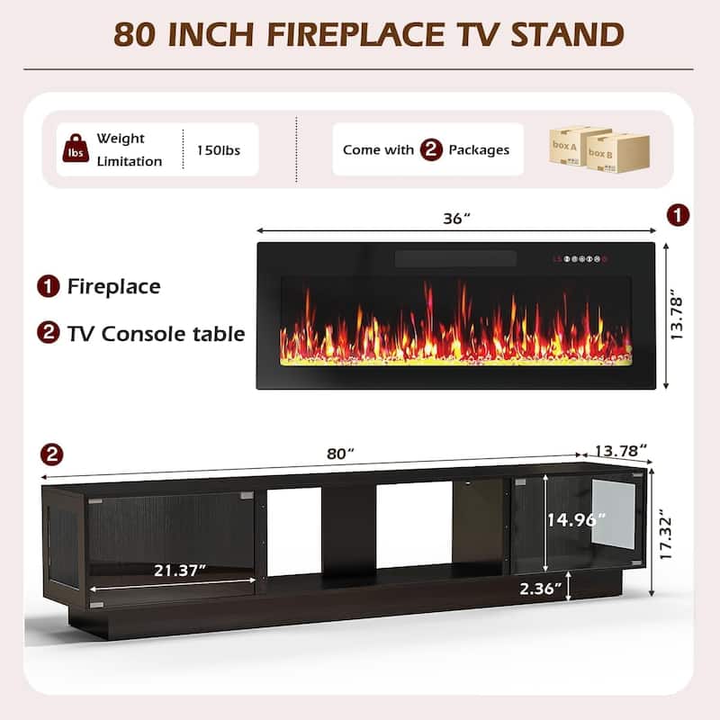 BOSSIN 80" Fireplace TV Stand with Adjustable LED Lights, Modern Entertainment Center with Glass Door Storage Cabinet, Black