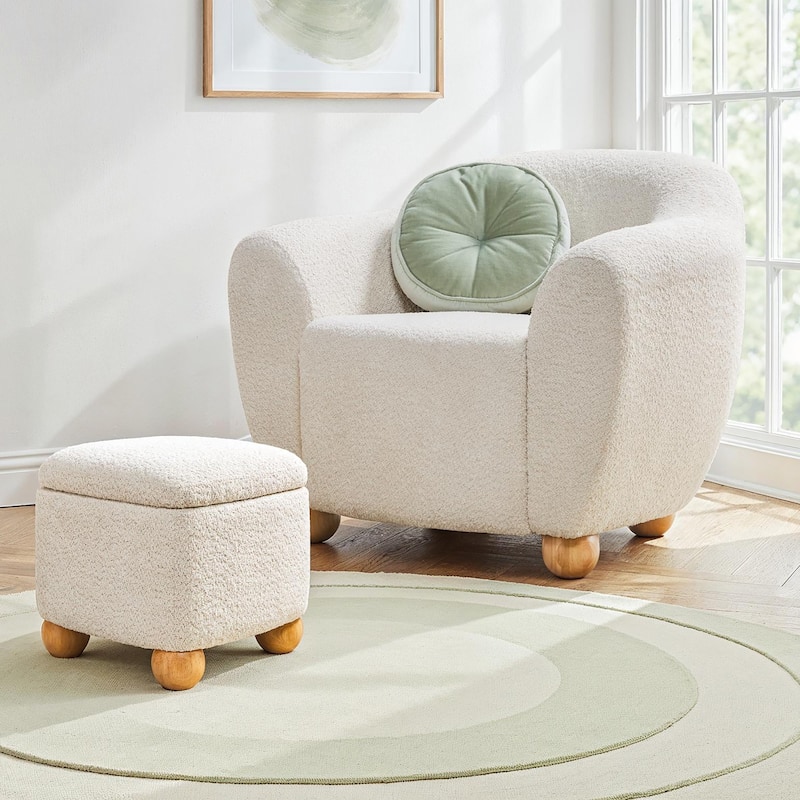 Walker Edison 2-Piece Contemporary Boucle Accent Chair and Storage Ottoman - Ivory