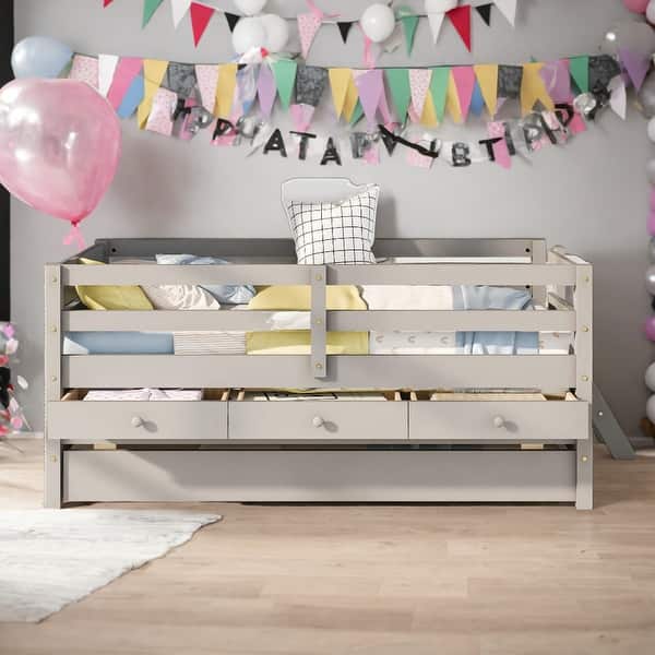 slide 2 of 48, Modern Twin Size Low Loft Bed With Full Safety Fence,Climbing Ladder,Storage Drawers and Trundle