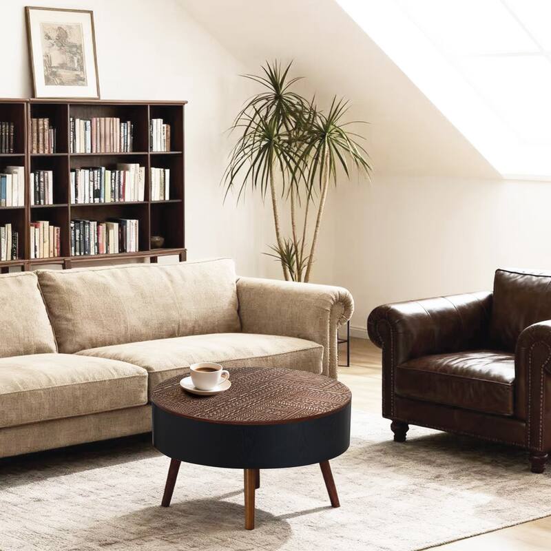 GDFStudio Veyrion Carved Round Coffee Table with Storage and Mid-Century Modern Design