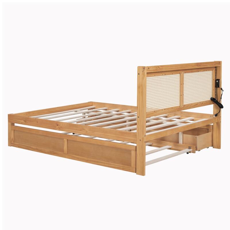 Elegant Bed Frame with Rattan Headboard and Sockets