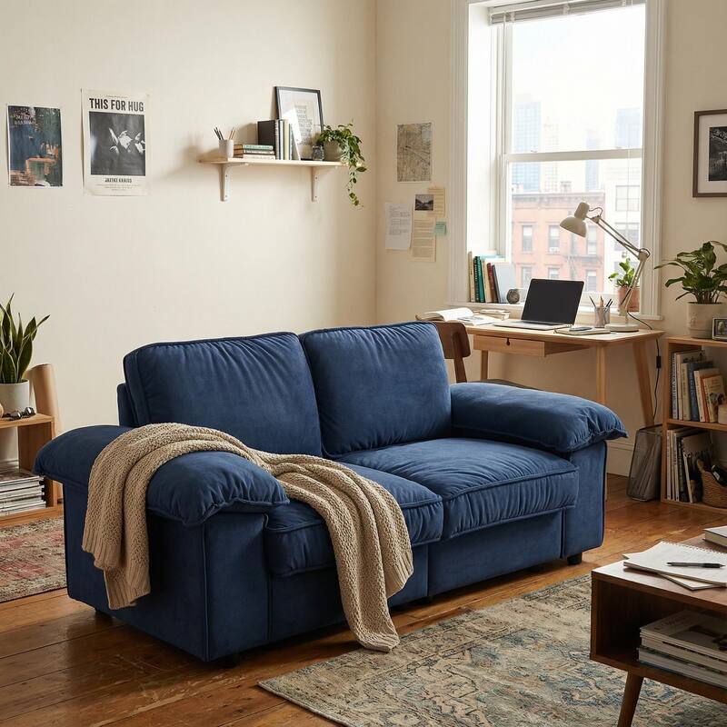 Roomfitters Modern Overstuffed Upholstered Sofa with Hidden Storage and Padded Arms, Comfy Loveseat for Small Space - Retro Blue