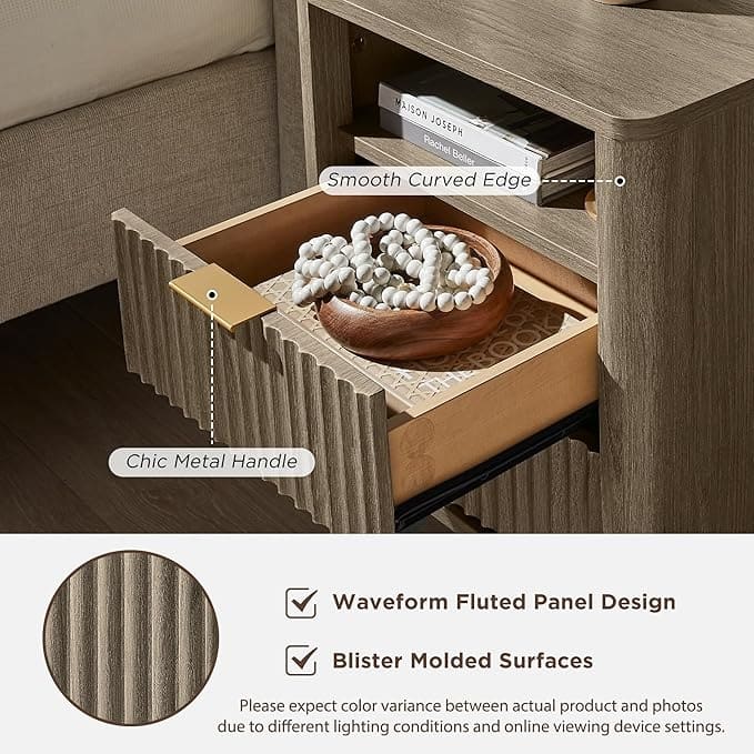 Modern Fluted Nightstand with Faux Marble Top, Side Table, End Table