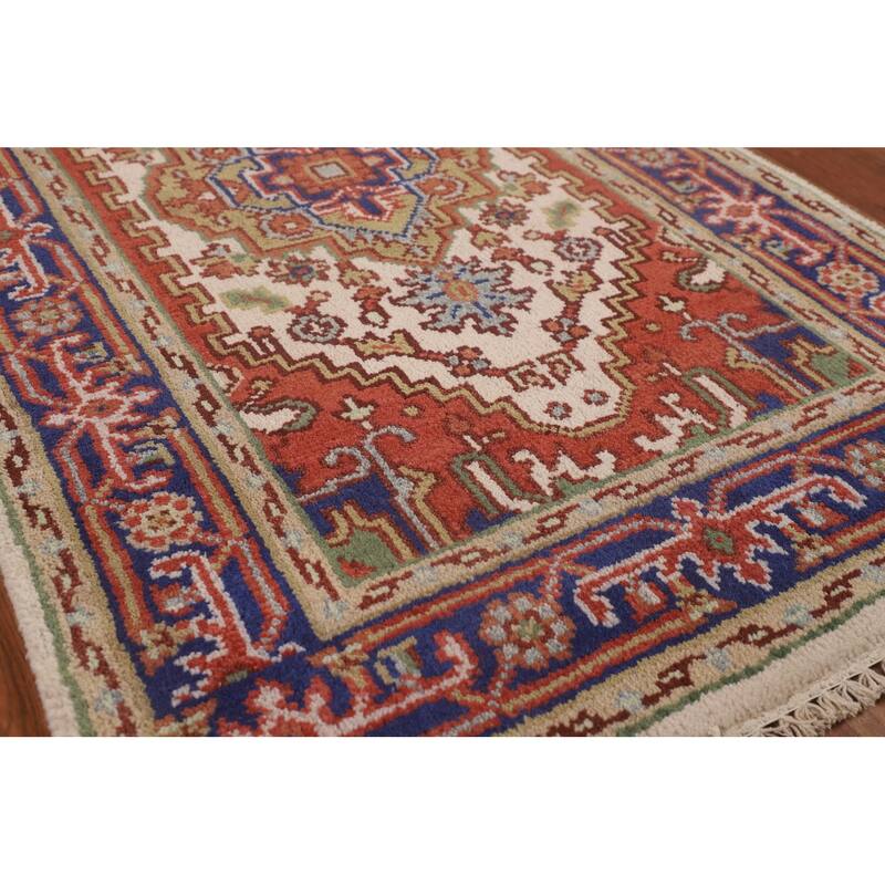 Ivory Geometric Heriz Serapi Indian Foyer Rug Hand-Knotted Wool Carpet - 3'0"x 4'11"