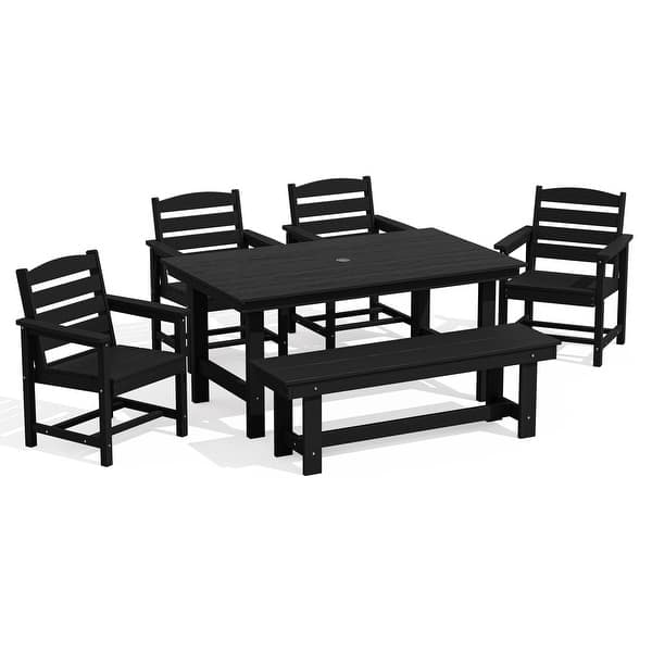 6-Piece HDPE Outdoor Dining Table Sets with Umbrella Hole - 1-Table 4-Chairs-1-Bench
