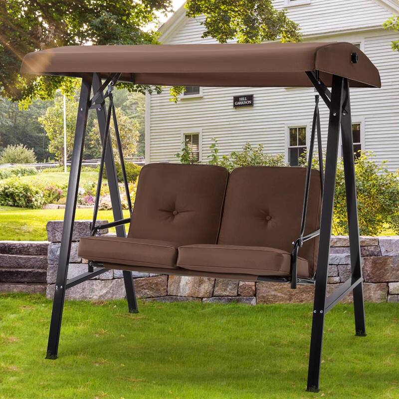 AECOJOY 2-Seat Porch Swing Chair, Patio Swing Chair w/ Cushions - Brown