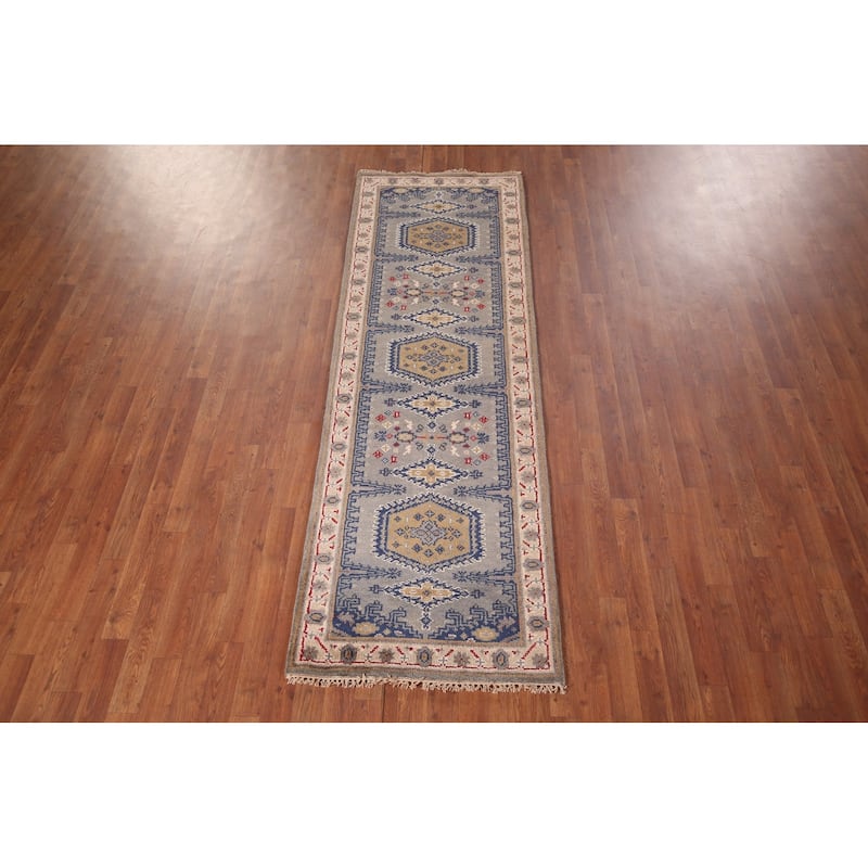 Gray Geometric Viss Oriental Runner Rug Hand-Knotted Wool Carpet - 2'7"x 8'0"