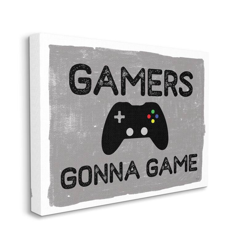 Stupell Gamers Gonna Game Phrase Controller Distressed Pattern Canvas Wall Art - Grey