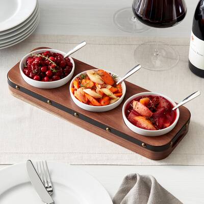 Acacia Wood Condiment Server, with 3 ceramic bowls and 3 metal spoons