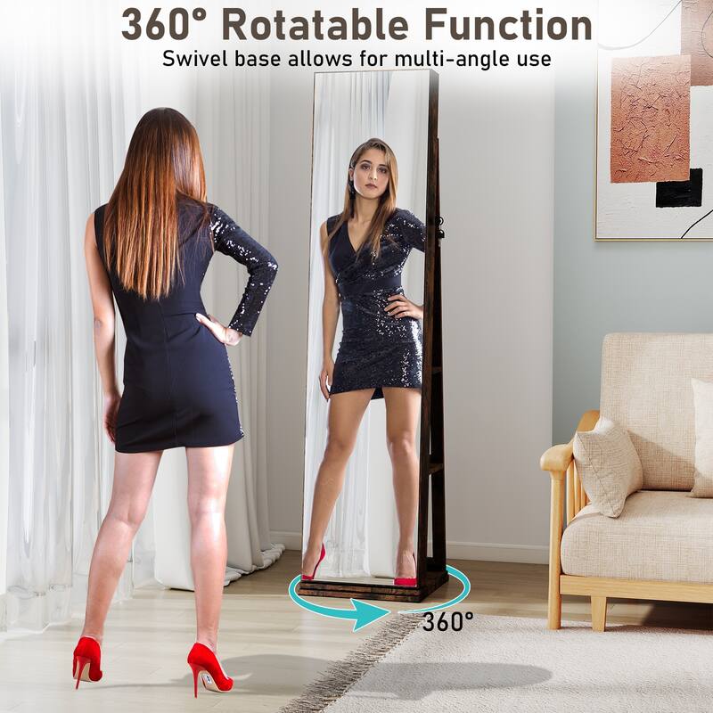 360 Rotating Full Length Mirror Jewelry Cabinet with LED Lights and Ample Storage Shelves - 17" x 15" x 63"