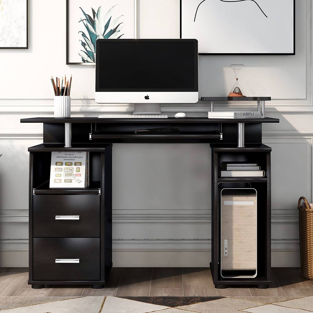 Pull Out Computer Table Home Office Computer Desk with Pull-Out Keyboard Tray and Drawers ...