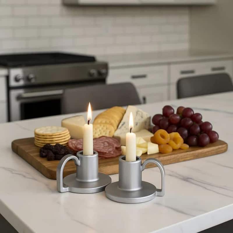 Titanium Silver Set of Two Elise Short Ceramic Candlesticks Aria Home