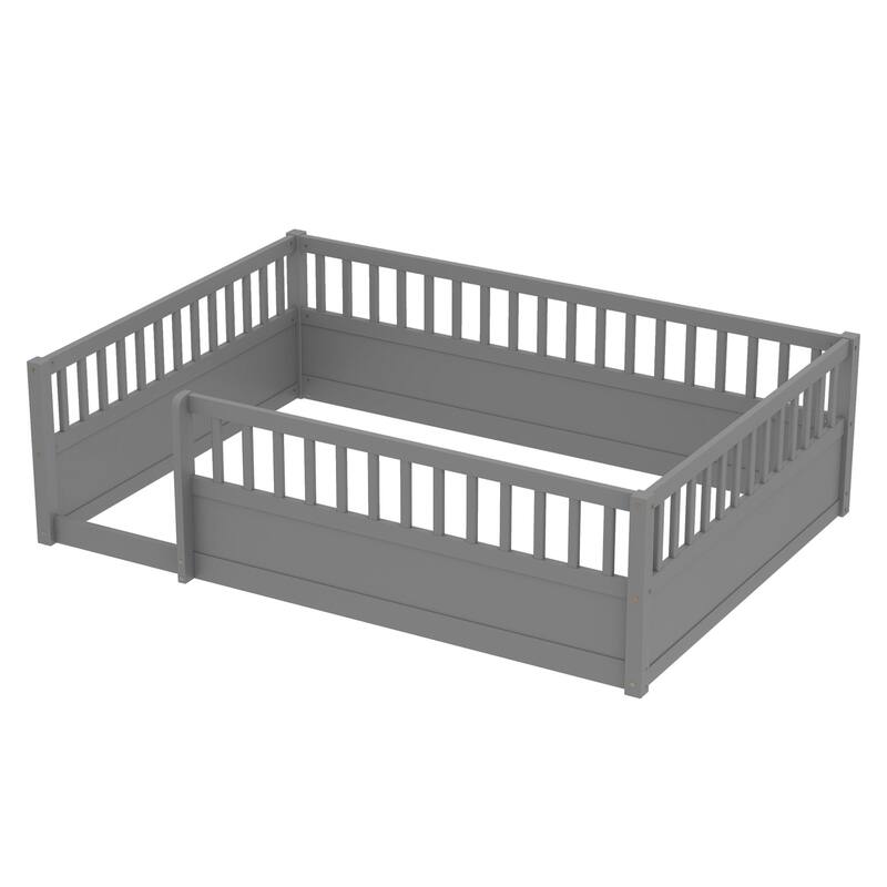 Roomfitters Wooden Full Floor Bed Frame with Fence, Montessori Low Platform Design for Bedroom or Playroom