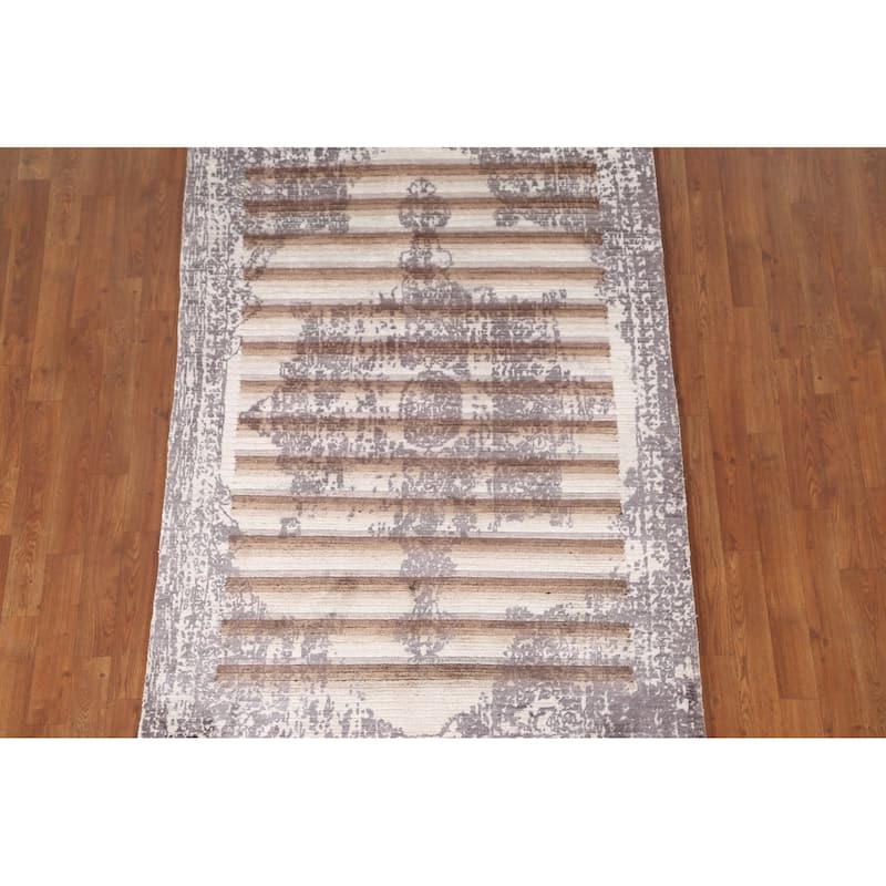 Striped Abstract Area Rug Handmade Oriental Wool Carpet - 4'0"x 5'9"