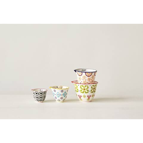 Floral Hand Stamped Stoneware Measuring Cups (Set of 4 Sizes/Designs)