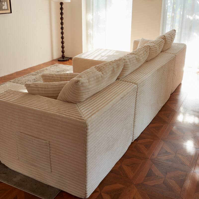 Modular Sectional Sofa with Chaise & Ottoman, Fabric Upholstered Boneless Cloud Sofa, Deep Seat Corner Sofa with Side Pockets