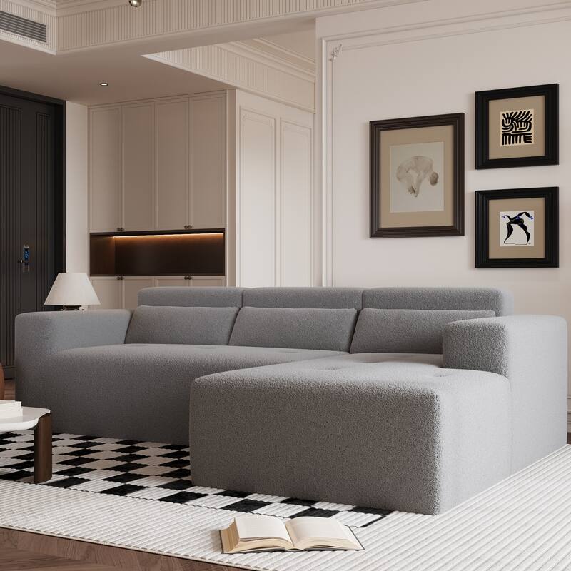 Christopher Knight Home - 109" Modern Modular Sectional Sofa, Teddy Fabric L-Shaped Couch with Chaise & Pillows