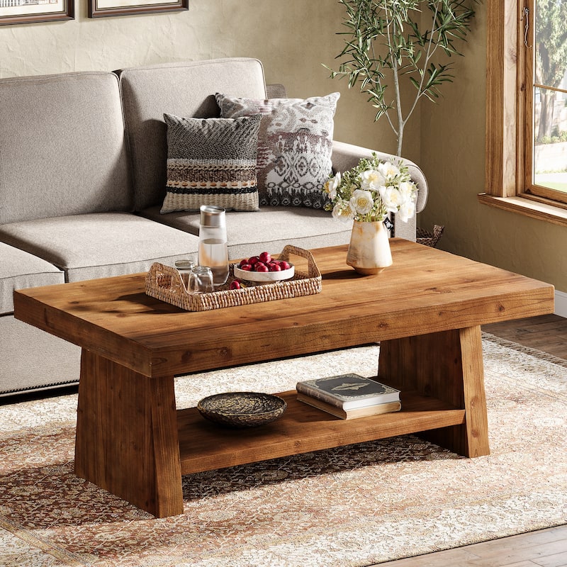 2 Tier Solid Wood Coffee Table for Living Room, 47 Inch Rectangular Center Table with Storage Shelves - Natural Brown