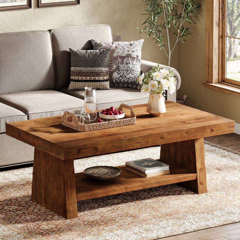 2-Tier Solid Wood Coffee Table for Living Room, Farmhouse Style