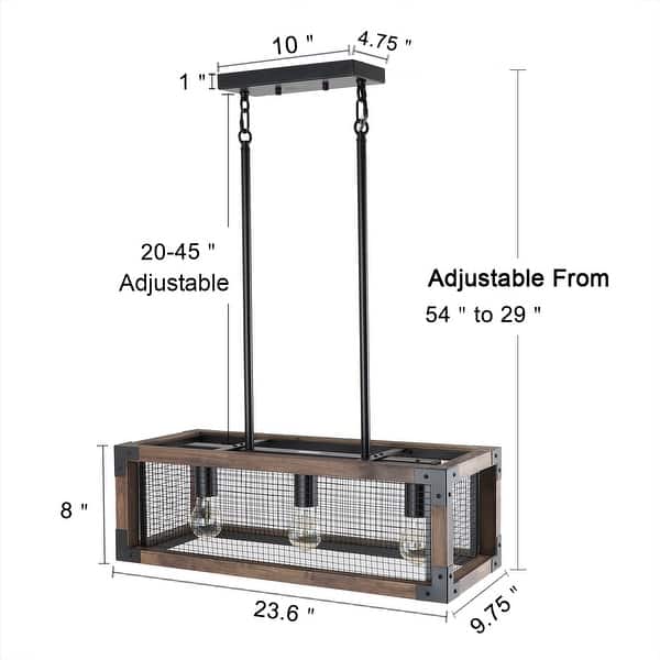 Anmytek 3-Light Rustic Rectangle Wood Chandelier - Island Light for Dining Room & Kitchen Island - 23.75''L×9.75''W×47''H