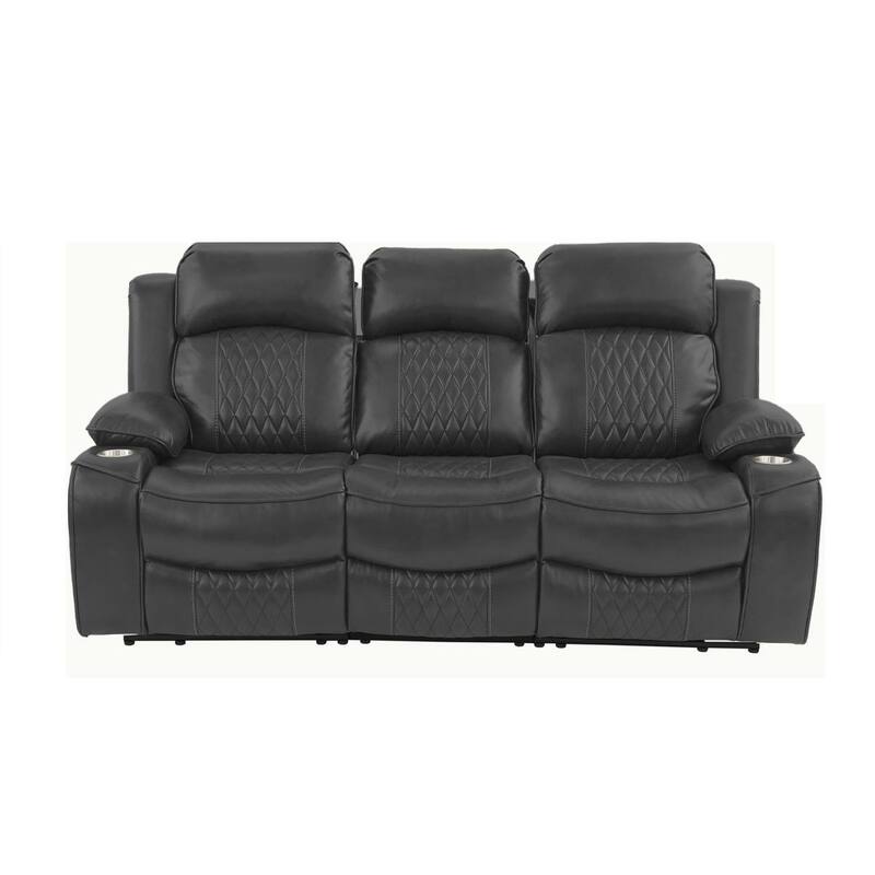 Contemporary Charcoal Gel Leatherette Power Motion Sofa with Storage Arms and Cup Holder