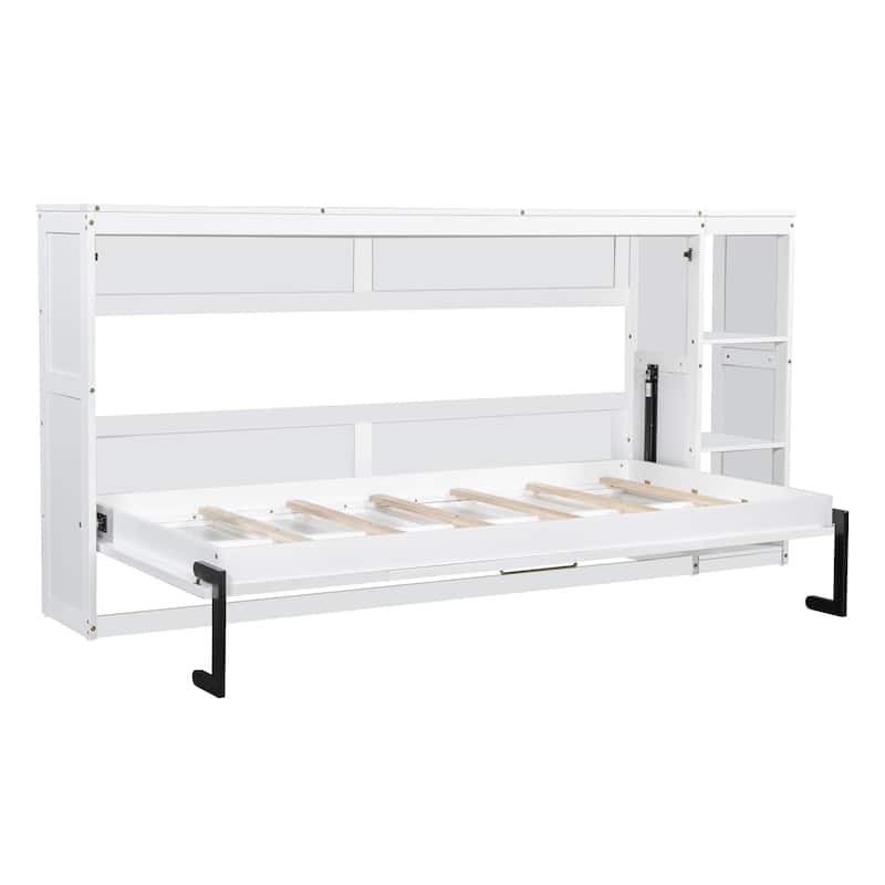 Space-Saving Twin Size Murphy Bed with Bookshelf and Storage, White