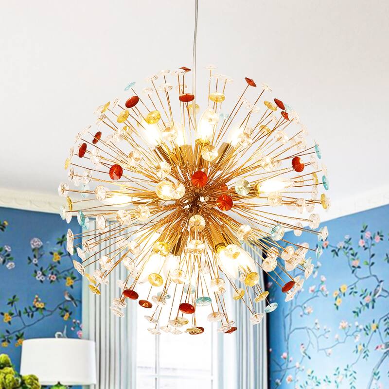 12-Light Modern Glam Sputnik Round Colorful Chandelier Globe Starburst Crystal Beaded Firework Chandelier - 21.6 in. W