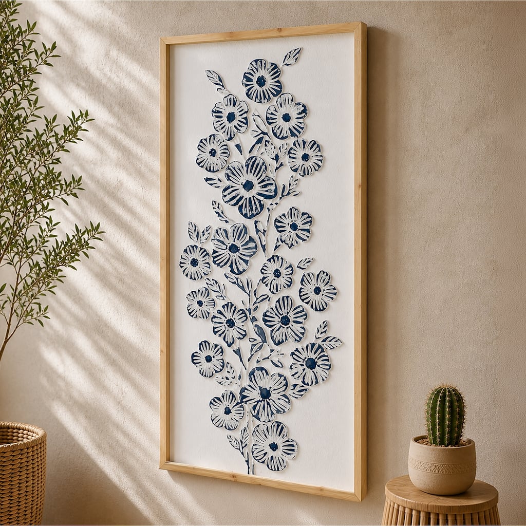 Embossed White Blue Floral Wall Art, 3D Metal Framed Botanical Coastal Boho Decor for Living Room Bedroom Bathroom