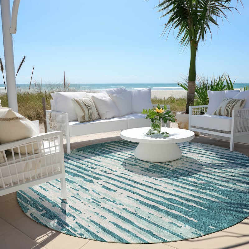 Machine Washable Indoor/ Outdoor Ombre Chantille Abstract Rug - Teal - 8' x 8'