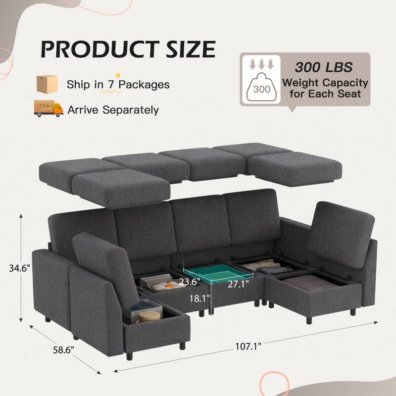 Erommy 6/7-Piece Modular Sectional Sofa – Reversible L-Shaped Couch with Hidden Storage, Space-Saving Living Room Furniture