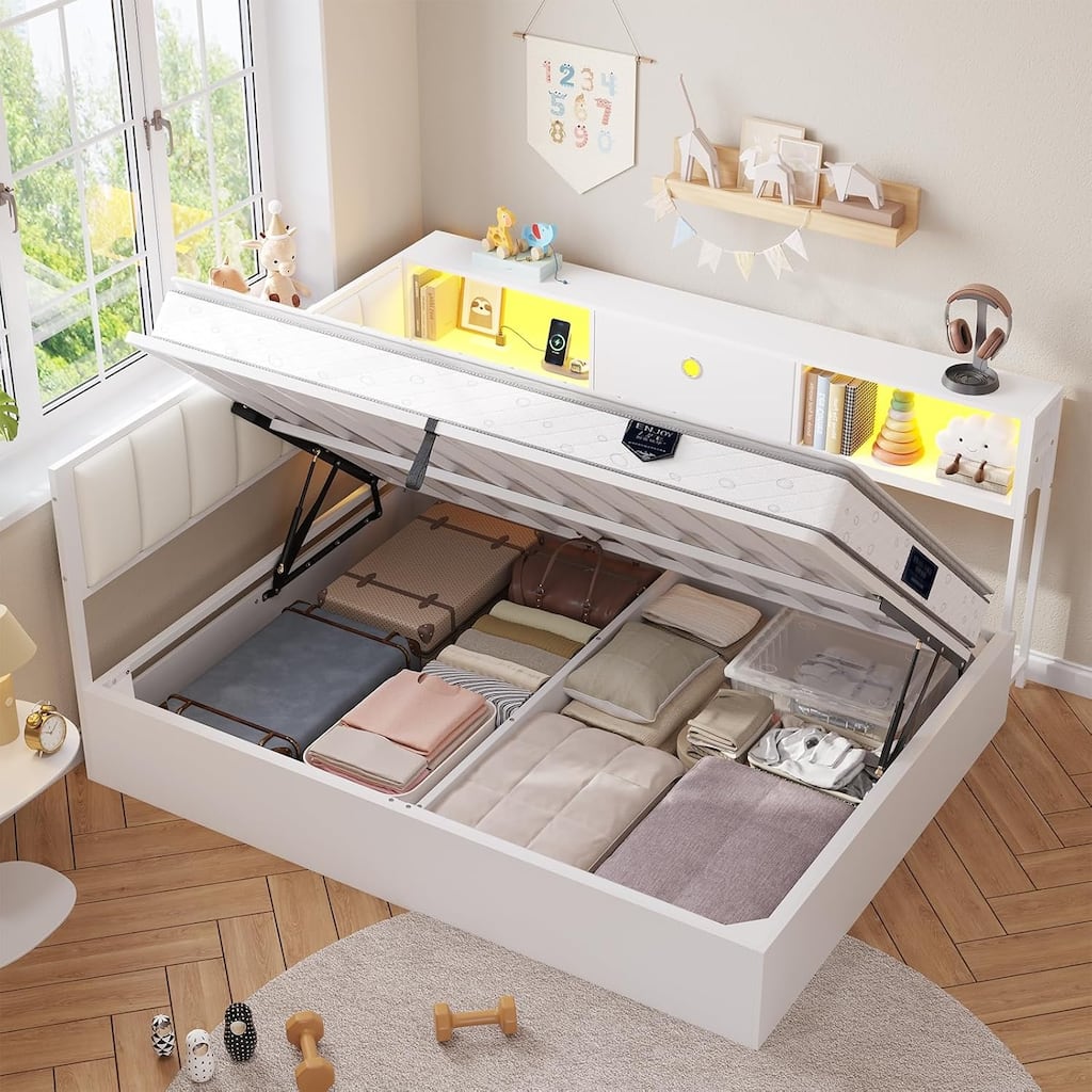 Corner Lift up Storage Bed Frame with Charging Station Platform Bed