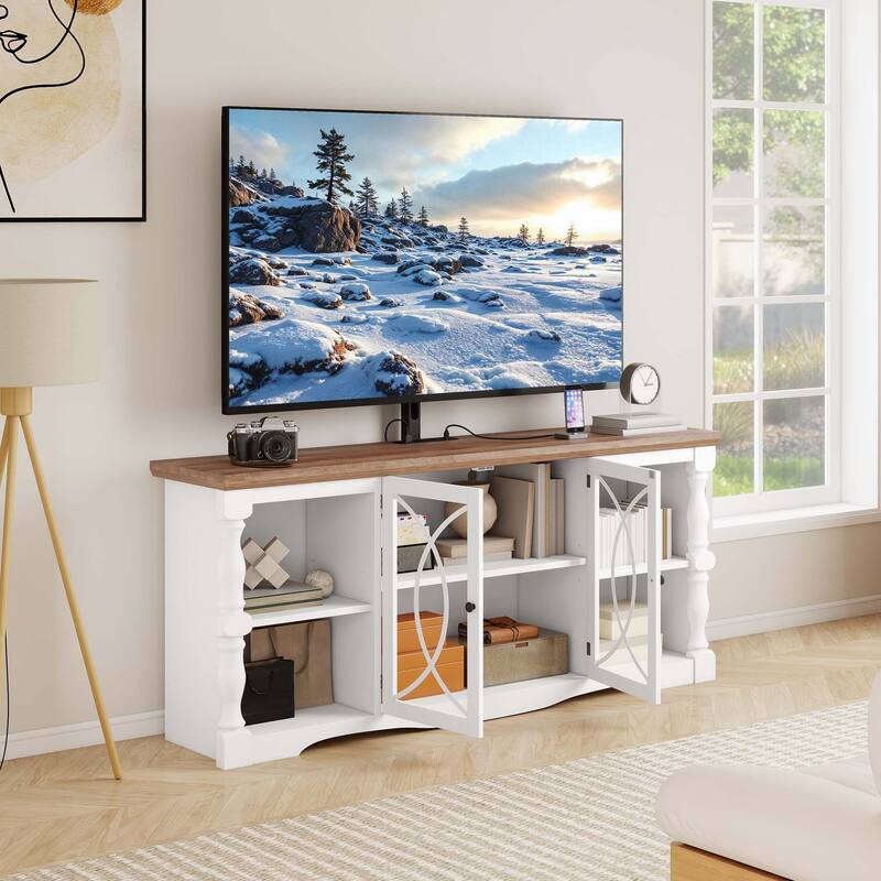Moasis Farmhouse TV Stand with Mount for 32-70 Inch TVs, Entertainment Center with Power Outlets & Tempered Glass Doors